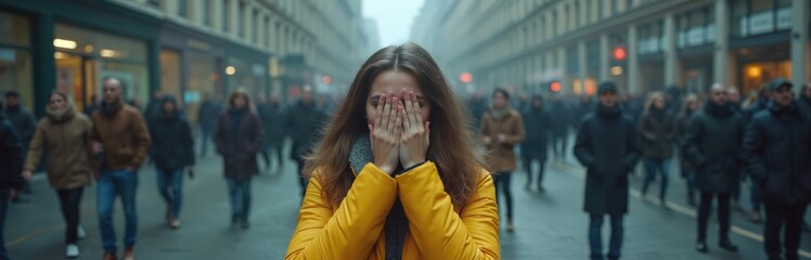 Young woman covers face with hands on busy urban street. Experiences panic attack, feeling intense fear, distress, anxiety, solitude. Mental health struggle, isolation, mental disorder in public city