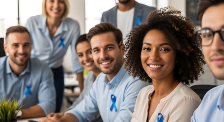 Obraz premium Diverse group in office environment with employees wearing blue ribbons for awareness