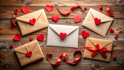 envelope with heart on the wooden background, happy valentines day