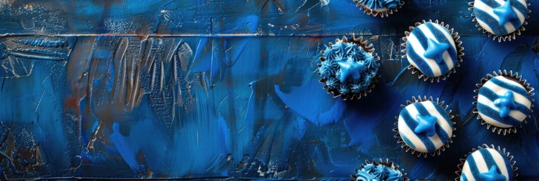 Horizontal banner for Scotland's National Day celebration featuring blue and white frosted cupcakes with decorative icing. copy space, free space for text - Powered by Adobe