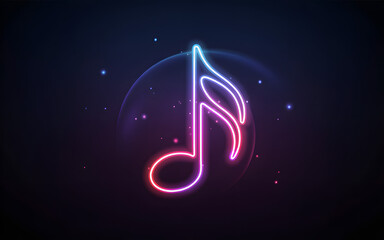 Neon Music Note Glowing On Dark Background With Stars