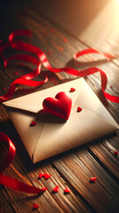 envelope with heart on the wooden background, happy valentines day