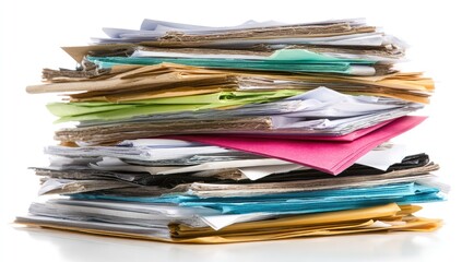 Obraz premium Large stack of colorful papers and folders on a white background.