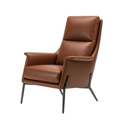 Obraz premium Modern tan leather high back armchair with sleek metal legs isolated on transparent background