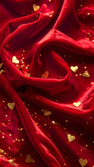 red textile background with golden hearts confetti, happy valentines day backdrop