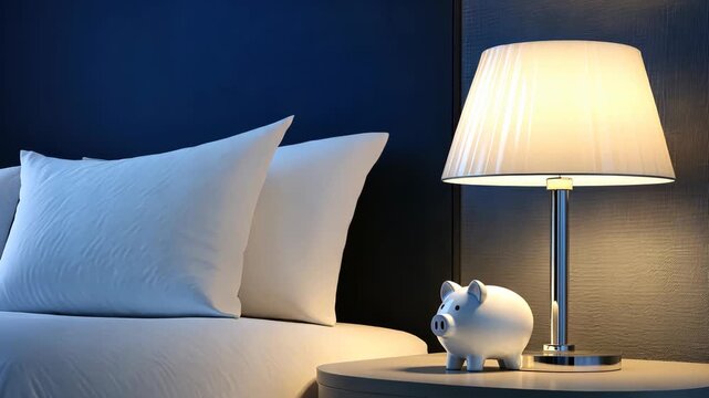 A calming atmosphere is created by a bedside lamp shining on soft pillows and a cute piggy bank on the table