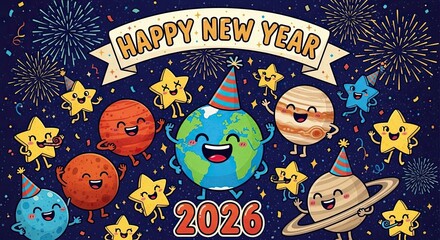 Happy New Year Celebration With Cute Cartoon Planets and Stars