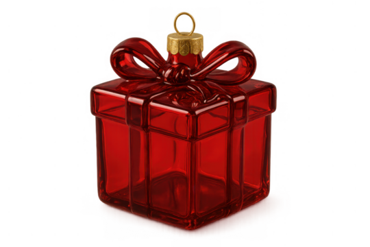 Red glass gift box christmas ornament with golden cap and bow, festive seasonal holiday decoration