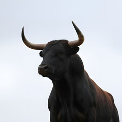 Powerful Black Bull with Large Horns Against a Light Background