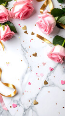 pink rose petals and hearts on the light marble background, happy valentines day celebration