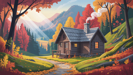 Rustic Cabin Amidst Autumn Forest and Mountains log cabin