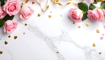 pink rose petals and hearts on the light marble background, happy valentines day celebration
