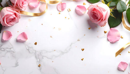 pink rose petals and hearts on the light marble background, happy valentines day celebration