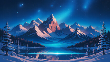 Snowy Mountain Landscape Under a Starry Night Sky mountains