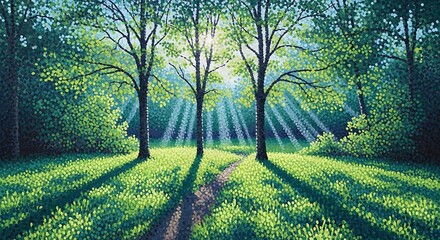 Sunbeams filter through trees onto a forest path in lush green woods