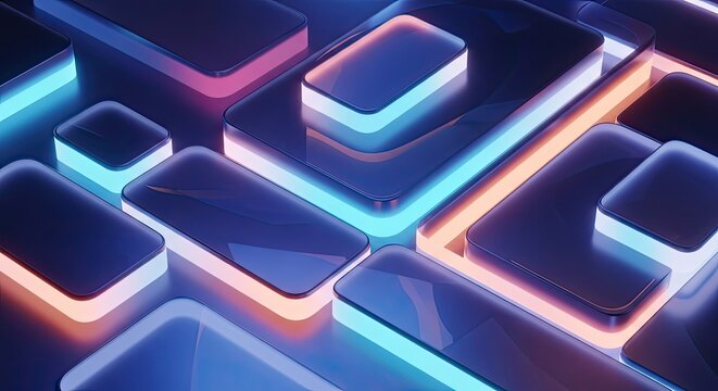 Futuristic abstract glowing geometric shapes in neon blue and pink light