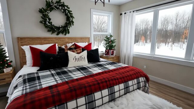 Spark joy with a cozy bedroom makeover featuring festive decor, warm textiles, and a winter wonderland view outside