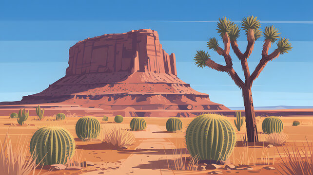 Stylized Desert Landscape with Monument Valley and Joshua Tree - Powered by Adobe