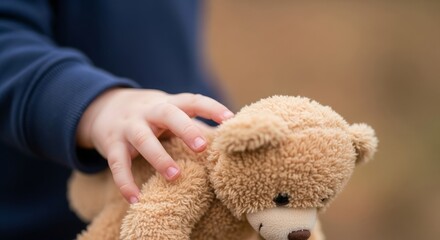 Childs hand gently resting on a soft, brown teddy bear for comfort