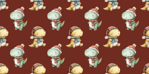 Cheerful cartoon dinosaurs in winter attire on a festive background