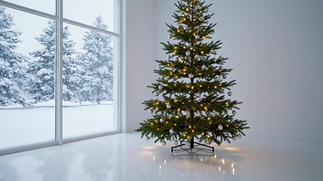 Christmas tree adorned with sparkling ornaments and warm lights, framed by a snowy landscape outside, showcasing a cozy winter atmosphere, camera pans out