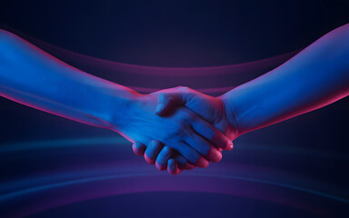 Two hands shaking in neon blue and pink light handshake