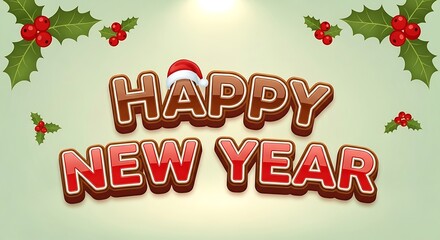 Festive happy new year text with santa hat and holly decorations