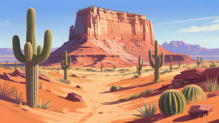 Vibrant Desert Scene with Saguaro Cacti and Sandstone Formations