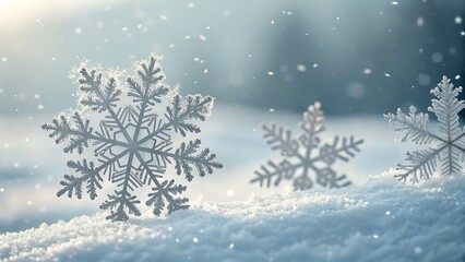 Magical winter scene with snowflakes on snow, capturing the beauty and serenity of the season in a cool, dreamy atmosphere