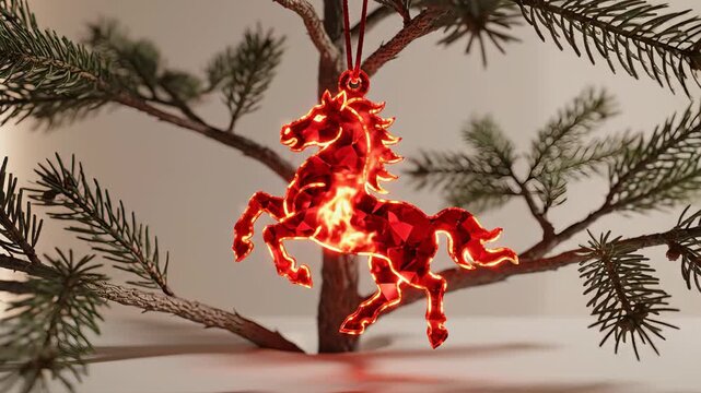 Vibrant ornament of a horse hangs from a pine tree branch, showcasing intricate details and textures, as the camera smoothly zooms in to capture the enchanting scene