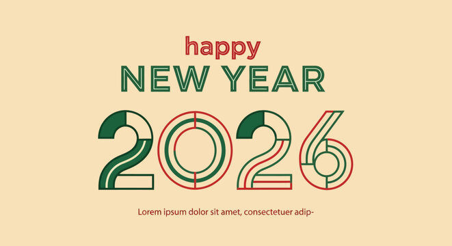 Happy New Year 2026 greeting card banner with modern abstract typography and geometric numbers