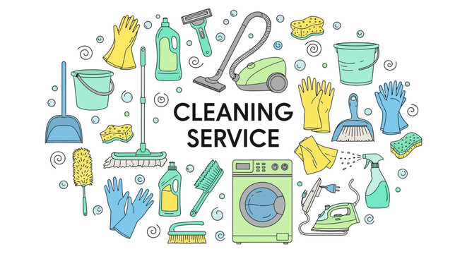 Professional Cleaning Service Concept Vibrant Illustration of Essential Household Tools and Equipment for Home Hygiene and Domestic Tidiness