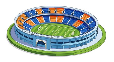 Modern soccer stadium with blue and orange seating and green field