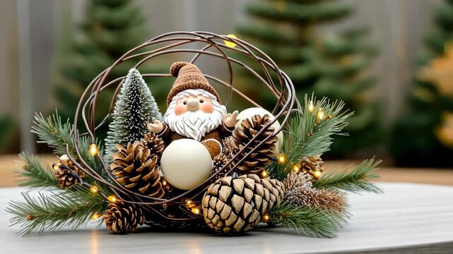 Beautiful holiday decoration showcases a Santa figure nestled among pinecones and lush greenery, perfect for festive vibes
