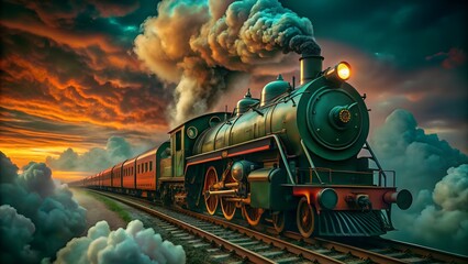 Steam locomotive on railway tracks with smoke, vintage train traveling through countryside at sunset.