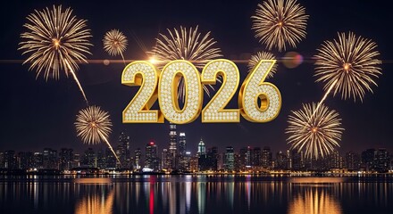 Celebrate The New Year 2026 With Amazing Fireworks Over The City Skyline