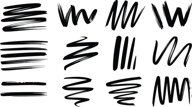 Collection of black hand drawn brush strokes and scribbles on white background