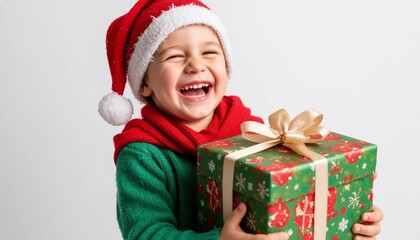 Happy laughing child wearing a festive santa hat and red scarf, joyfully holding a christmas gift, celebrating holiday spirit and receiving a present kids sale copy space