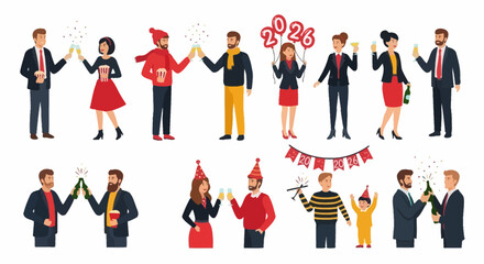 Diverse groups of happy people celebrating New Year 2026 with champagne toasts, party hats, and festive decorations, enjoying a joyful start to the new year
