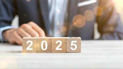 Looking Ahead to 2025: A glimpse of the future unfolds, symbolized by wooden blocks spelling out the year 2025, held by a person in a professional environment, represents foresight, planning.