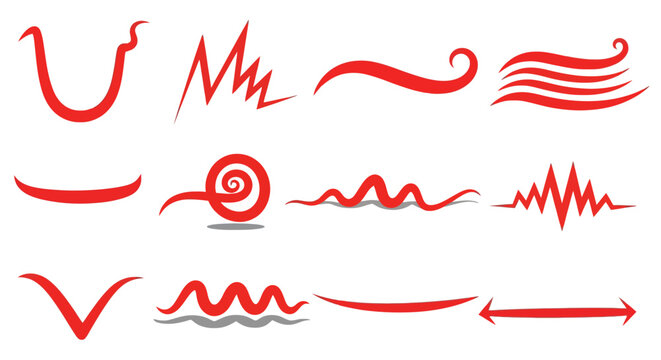 A collection of hand-drawn red brush stroke elements, including underlines, swirls, and scribbles, perfect for adding emphasis and flair to designs