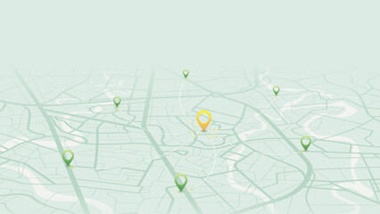 Central location point connected to multiple destinations on city map, navigation and route planning concept. Vector illustration.