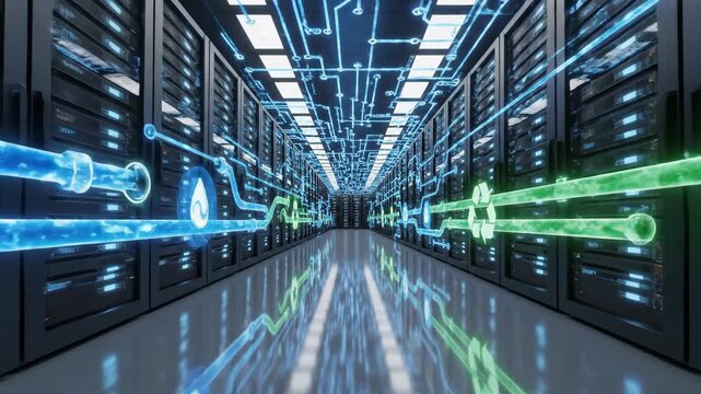 Sustainable Data Center Operations with Green Energy and Water Cooling Solutions.