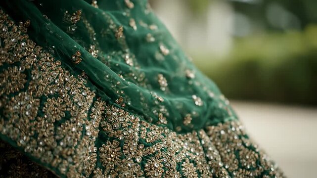 Close-up of an Indian bridal lehenga with intricate embroidery and sequin work, showcasing traditional craftsmanship and rich cultural heritage.