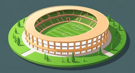 Isometric view of a modern sports stadium with green field and trees