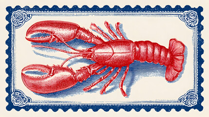 Vintage seafood stamp design featuring detailed red lobster