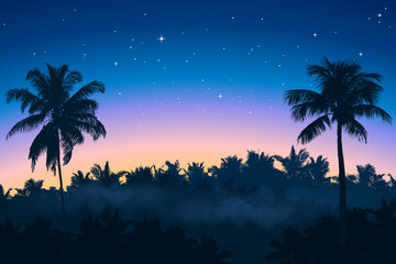 Vector Tropical Night Landscape with Stars and Palm Trees under a Deep Blue Sky and Gentle Twilight Glow