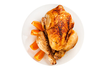 Baked chicken with oranges whole grilled chicken christmas holiday dish new year natural product tasty snack fresh delicious gourmet food background on the table rustic top view copy space