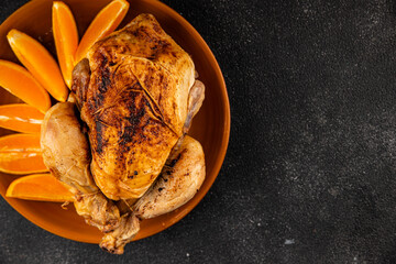 Baked chicken with oranges whole grilled chicken christmas holiday dish new year natural product tasty snack fresh delicious gourmet food background on the table rustic top view copy space