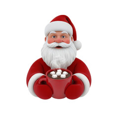 Santa Claus holding a mug of hot chocolate with marshmallows in a festive setting during winter celebrations